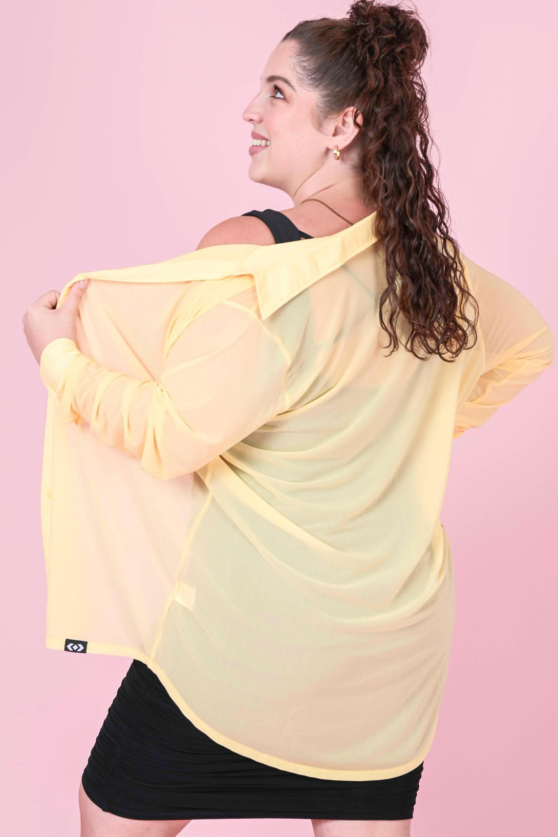 Pale Yellow Net - Long Sleeve Button Up Boyfriend Tee-Activewear-Exoticathletica