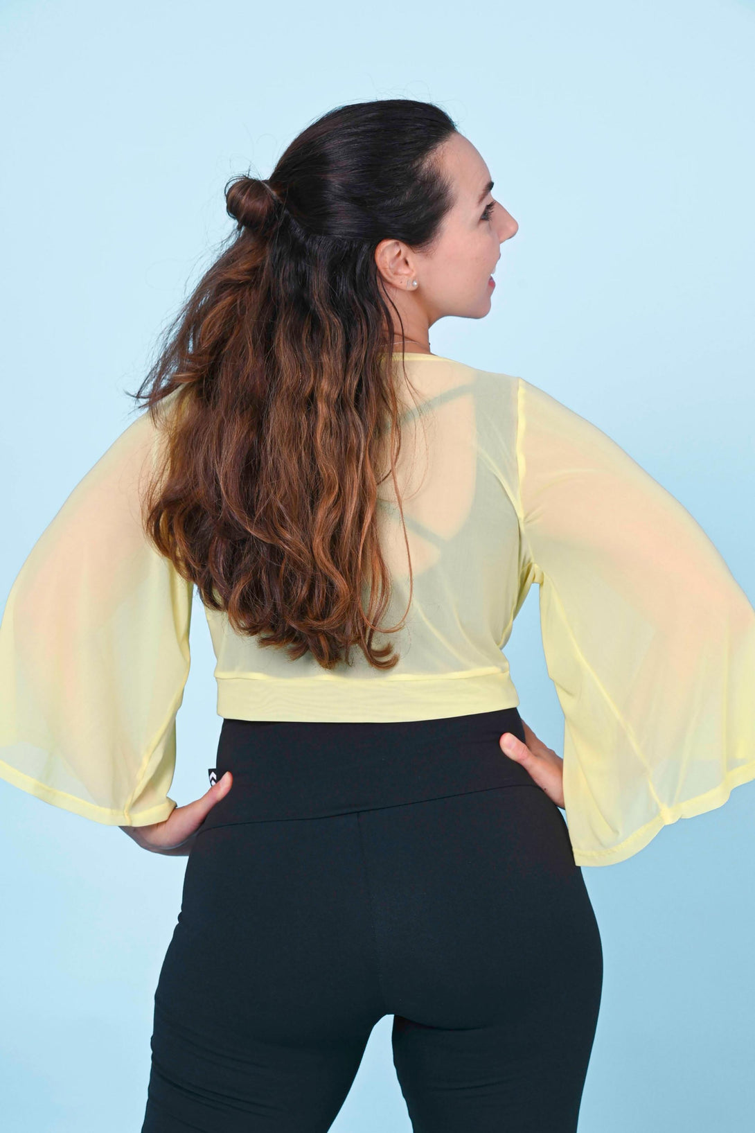 Pale Yellow Net - Reversible Wrap Blouse W/ Long Bell Sleeves-Activewear-Exoticathletica