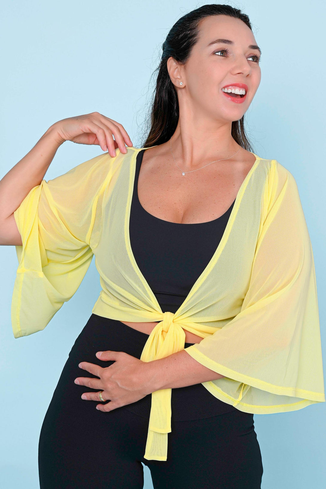 Pale Yellow Net - Reversible Wrap Blouse W/ Long Bell Sleeves-Activewear-Exoticathletica