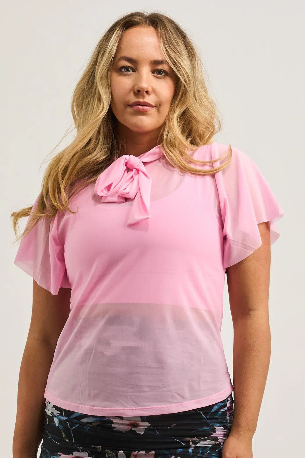 Pastel Pink Net - Boss Bish Blouse W/ Flutter Sleeve-Activewear-Exoticathletica