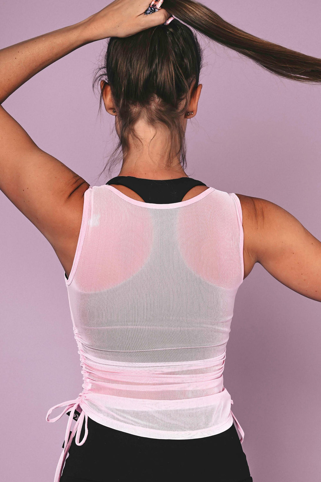 Pastel Pink Net - Cinched Side Fitted V Neck Tank-Activewear-Exoticathletica
