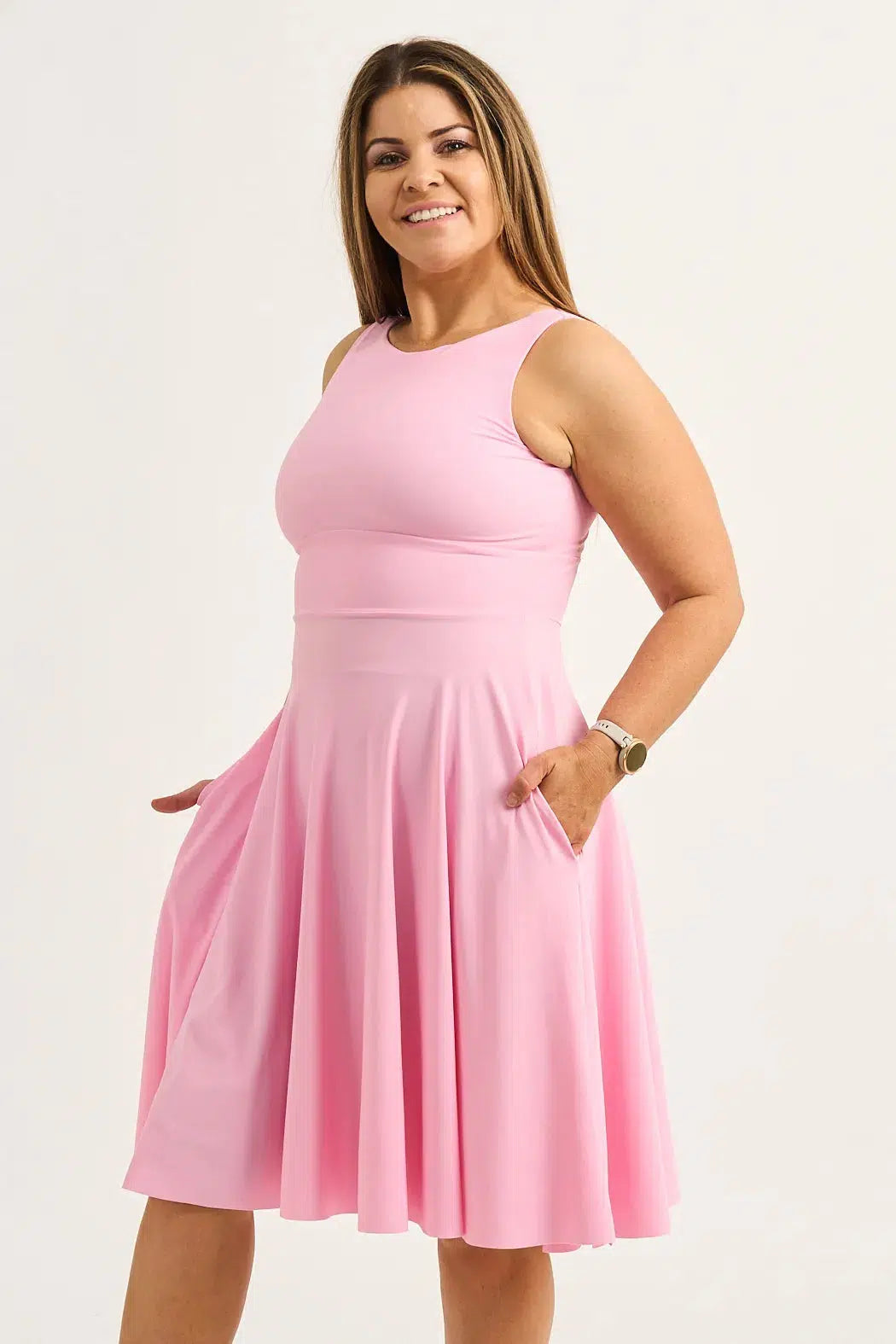 Pastel Pink Silky - Reversible Comfort Crop Midi Dress W/ Pockets-9358328334330-Activewear-Exoticathletica