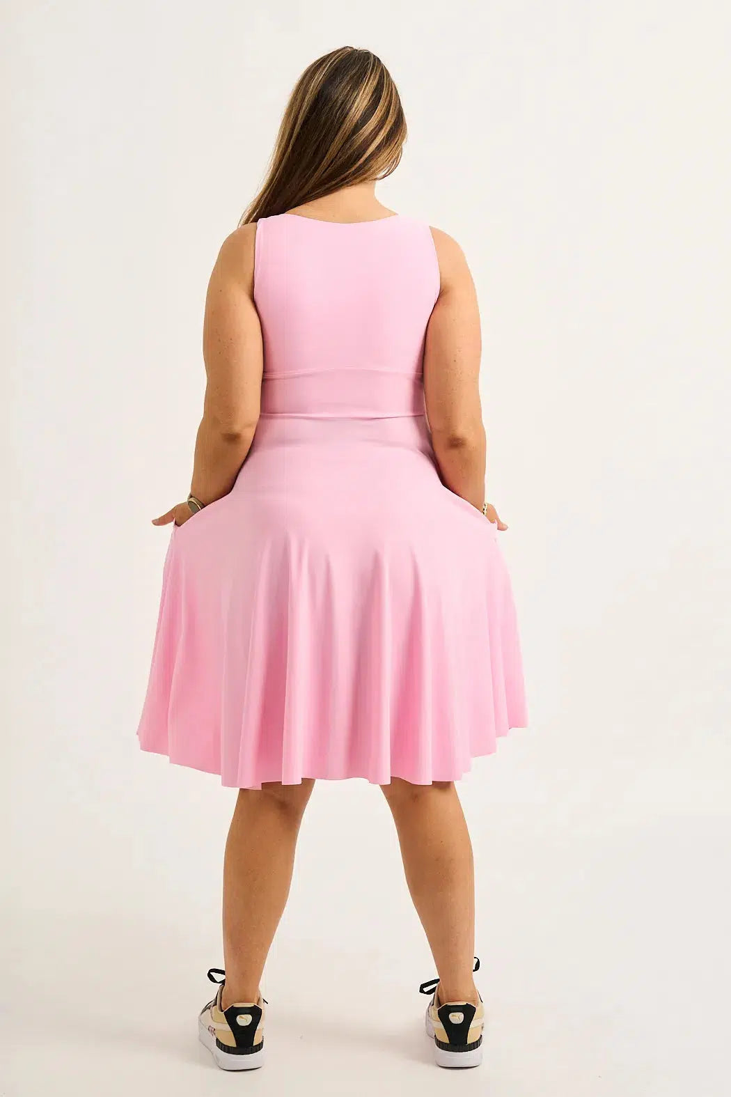 Pastel Pink Silky - Reversible Comfort Crop Midi Dress W/ Pockets-Activewear-Exoticathletica