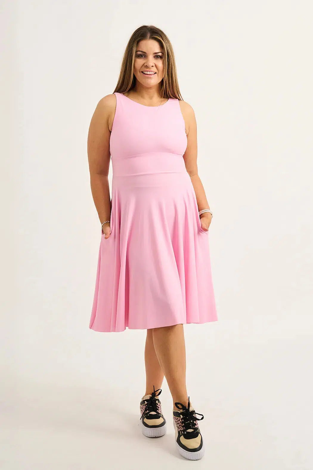 Pastel Pink Silky - Reversible Comfort Crop Midi Dress W/ Pockets-Activewear-Exoticathletica