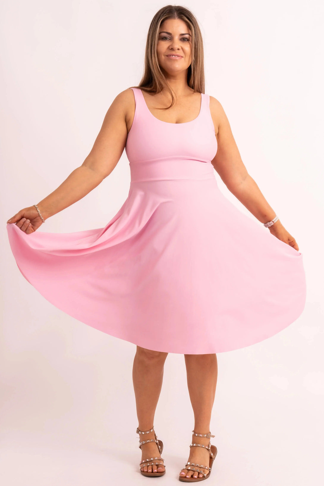 Pastel Pink Silky - Scoop Neck Comfort Crop Midi Dress W/ Pockets-9358328335719-Activewear-Exoticathletica