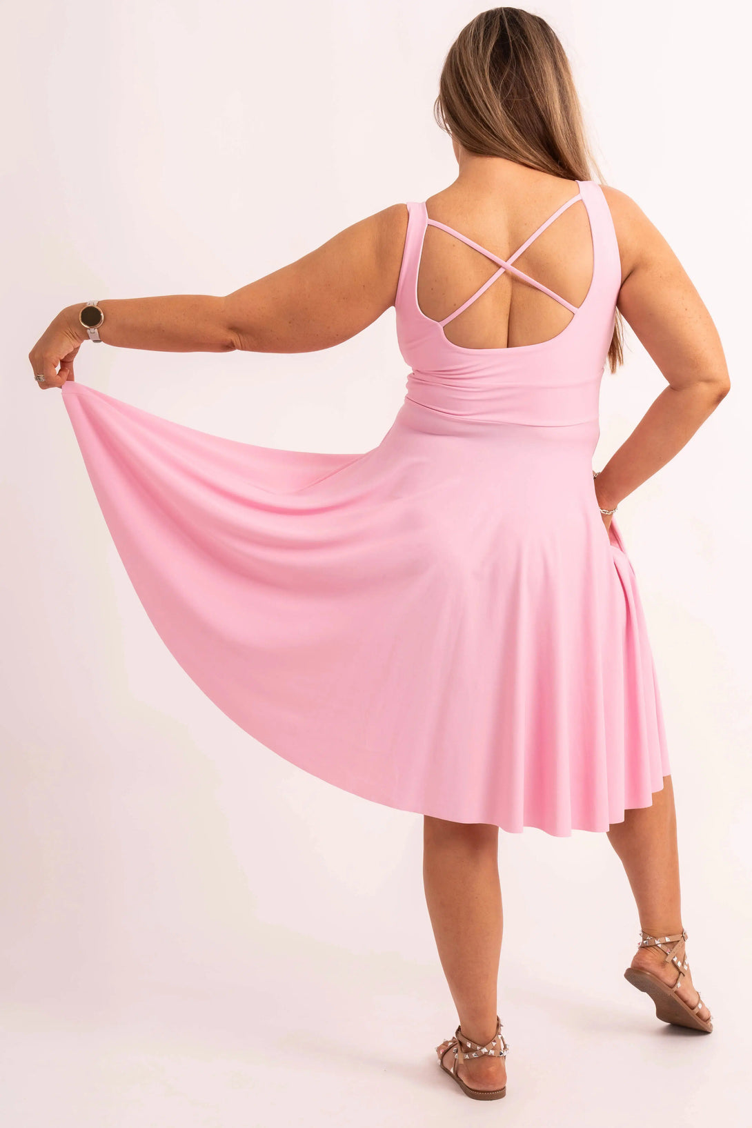 Pastel Pink Silky - Scoop Neck Comfort Crop Midi Dress W/ Pockets-Activewear-Exoticathletica