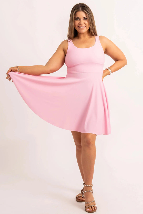 Pastel Pink Silky - Scoop Neck Comfort Crop Mini Dress-9358328336259-Activewear-Exoticathletica