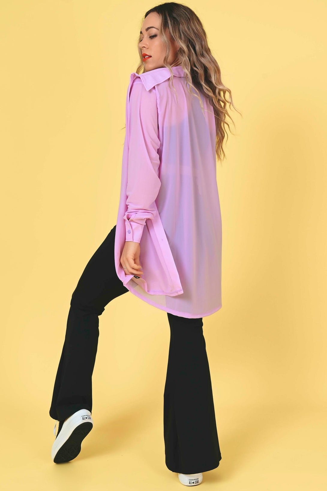 Pastel Purple Net - Long Sleeve Button Up Boyfriend Tee-Activewear-Exoticathletica