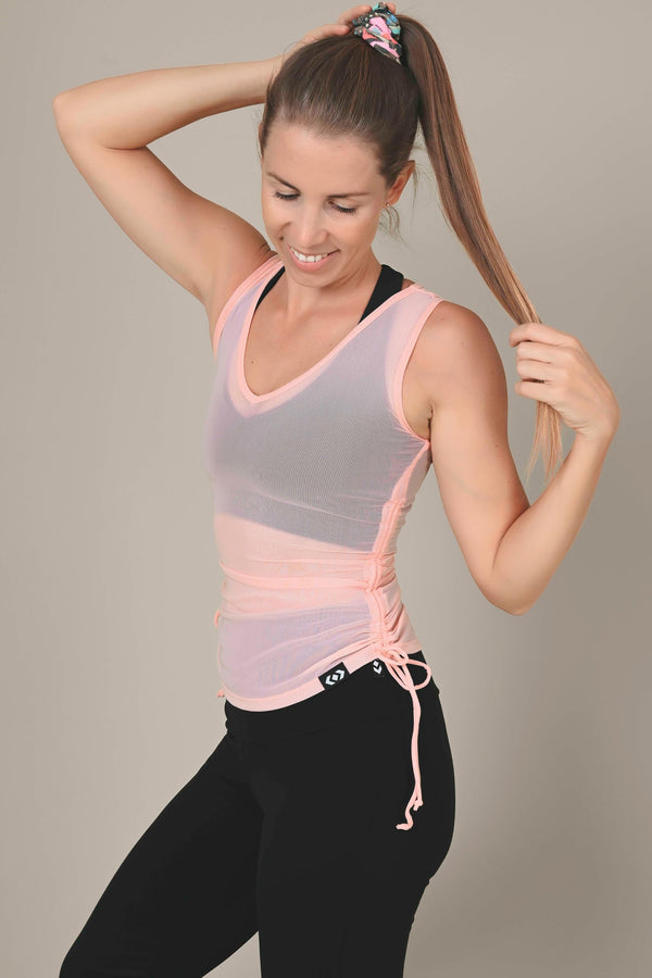Peachy Pink Net - Cinched Side Fitted V Neck Tank-Activewear-Exoticathletica