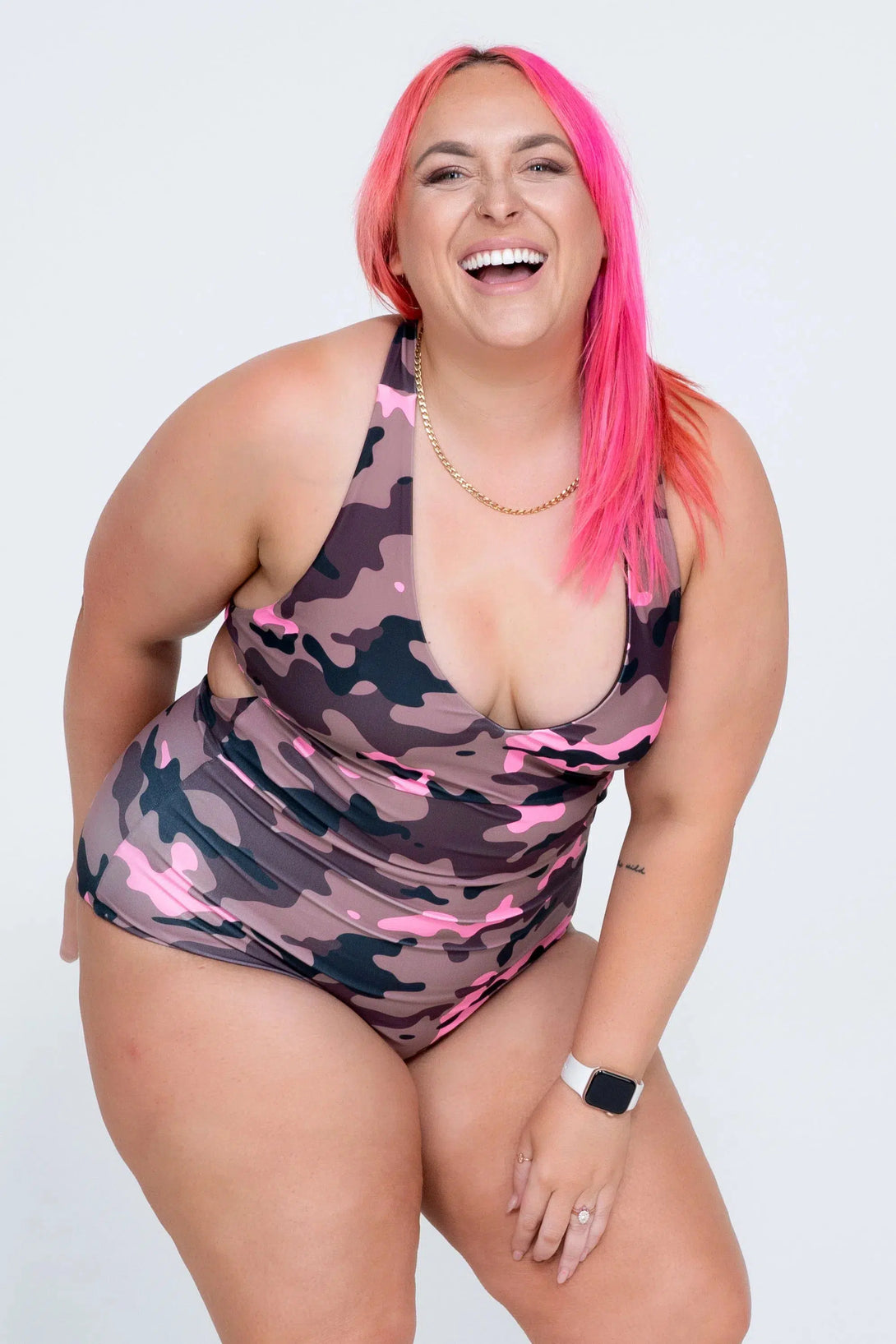 Performance Deep V One Piece W/ Extra Coverage Bottoms - Camo Crush Pink-Activewear-Exoticathletica