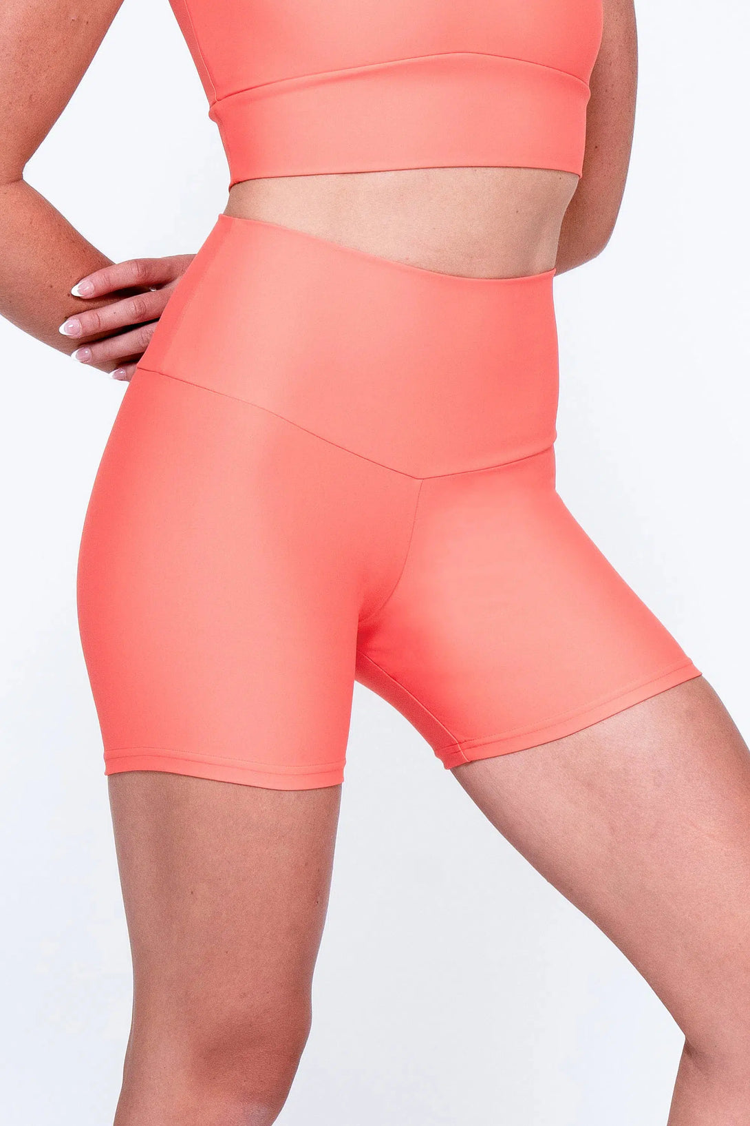 Performance High Waisted Booty Shorts - Neon Coral-Activewear-Exoticathletica