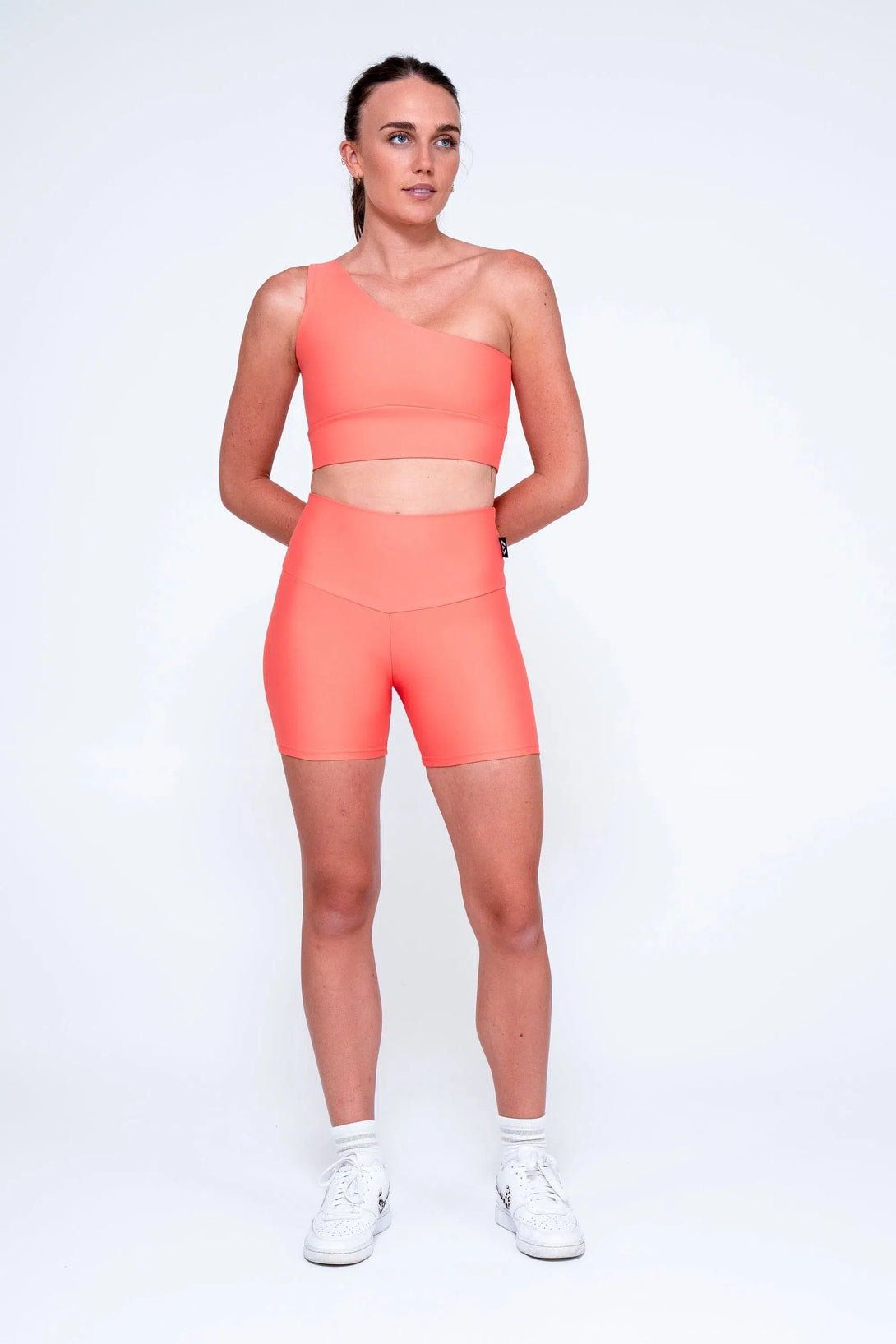 Performance High Waisted Booty Shorts - Neon Coral-Activewear-Exoticathletica