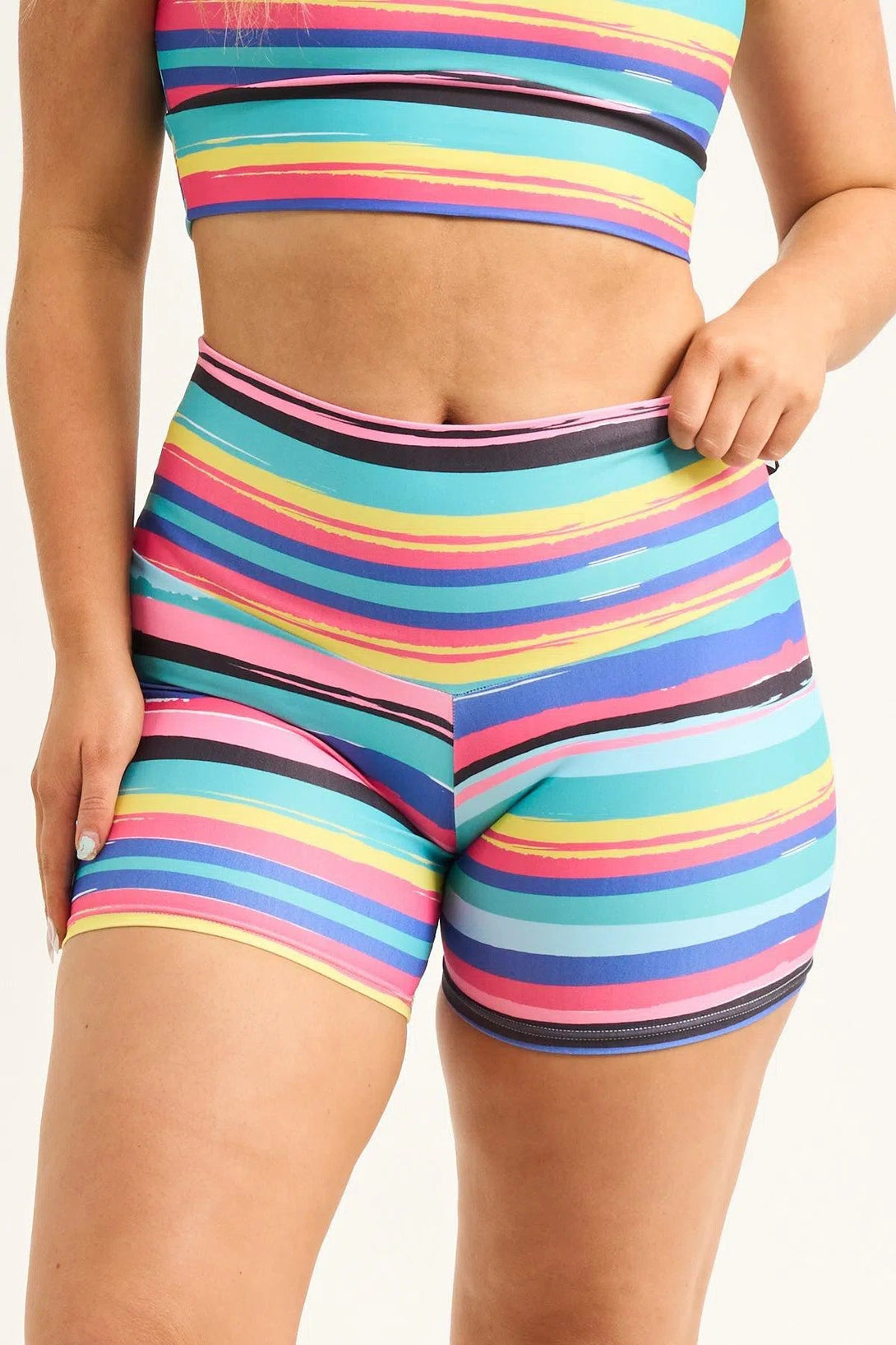 Performance High Waisted Booty Shorts - Rainbow Runway-Activewear-Exoticathletica