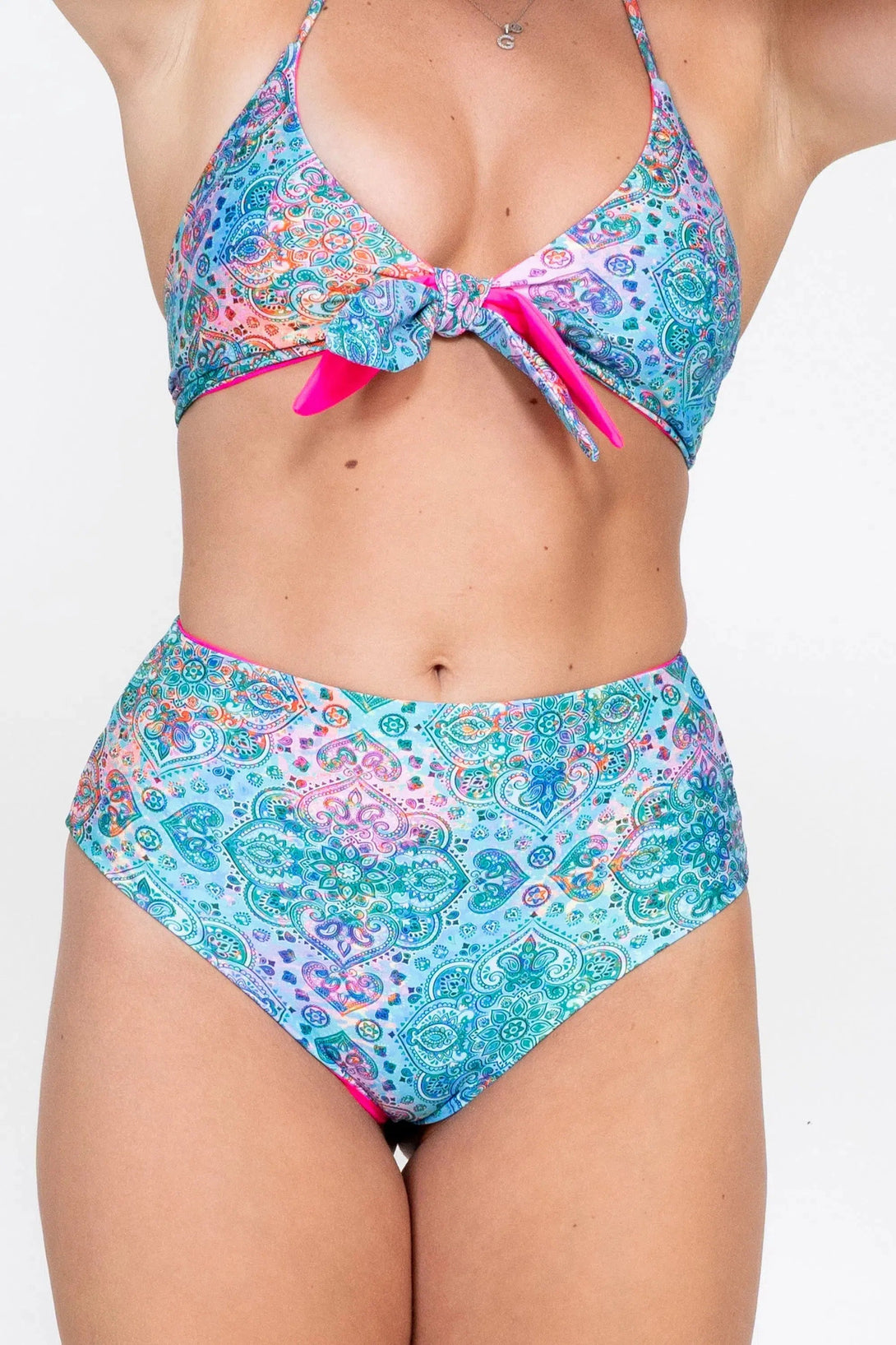 Performance High Waisted Cheeky Cut Bikini Bottoms - Mandala Rainbow-Activewear-Exoticathletica