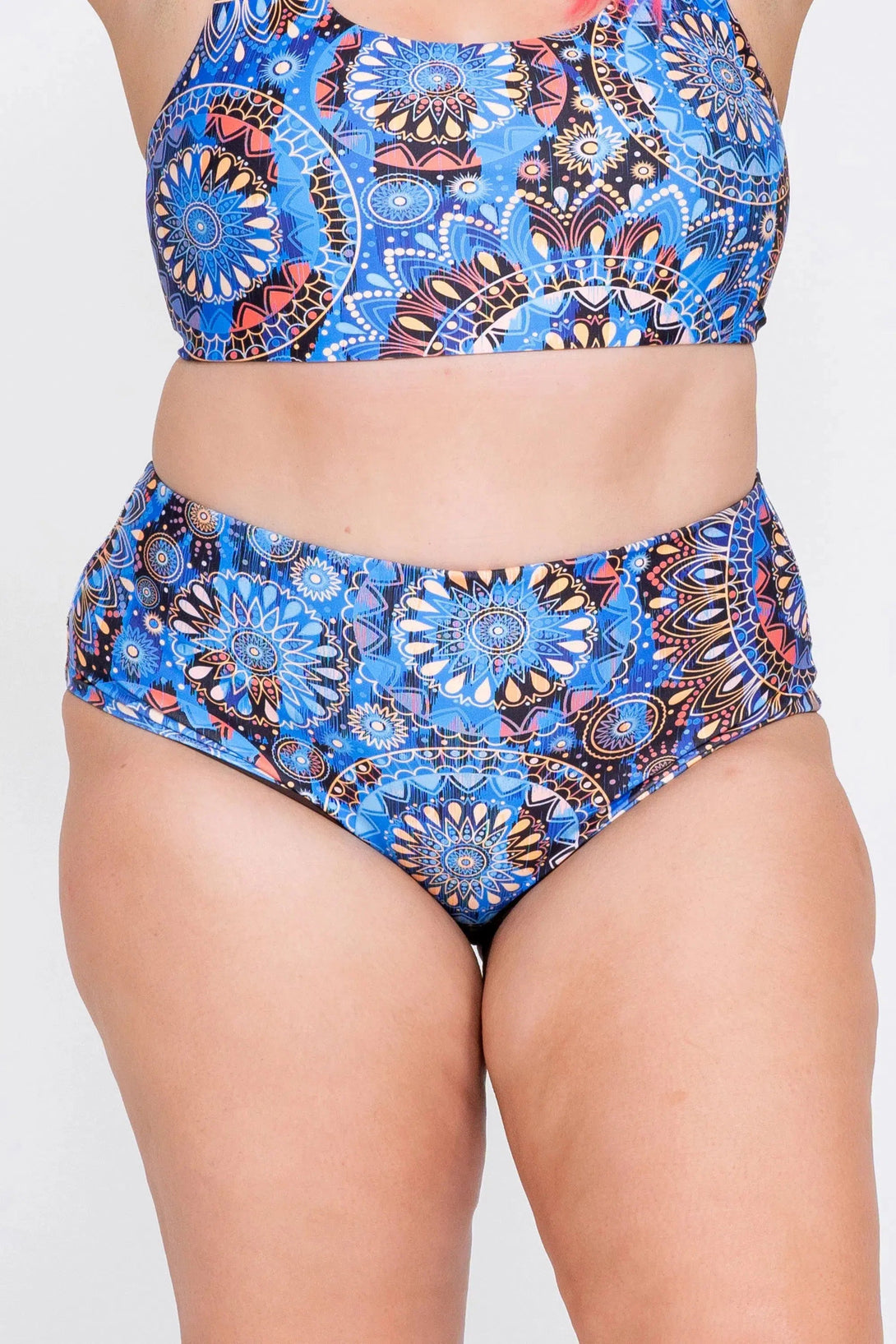 Performance High Waisted Extra Coverage Bikini Bottoms - Sundial Me Up Blue-Activewear-Exoticathletica