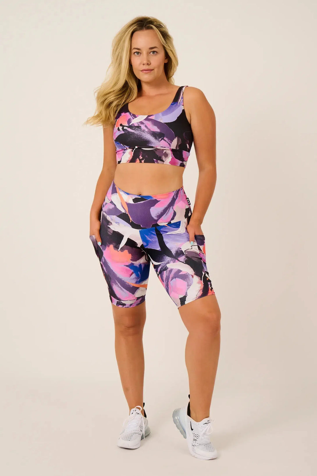 Performance High Waisted Panel Pocket Long Shorts - Calypso Nights-Activewear-Exoticathletica