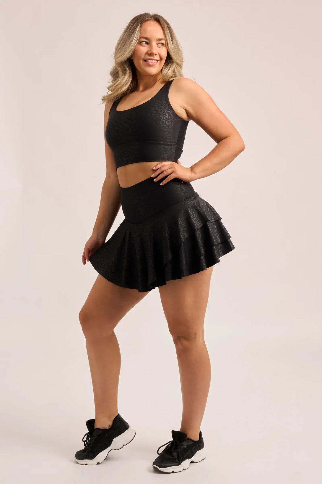 Performance High Waisted Ruffle Skort - Black Exotic Touch Jag-Activewear-Exoticathletica