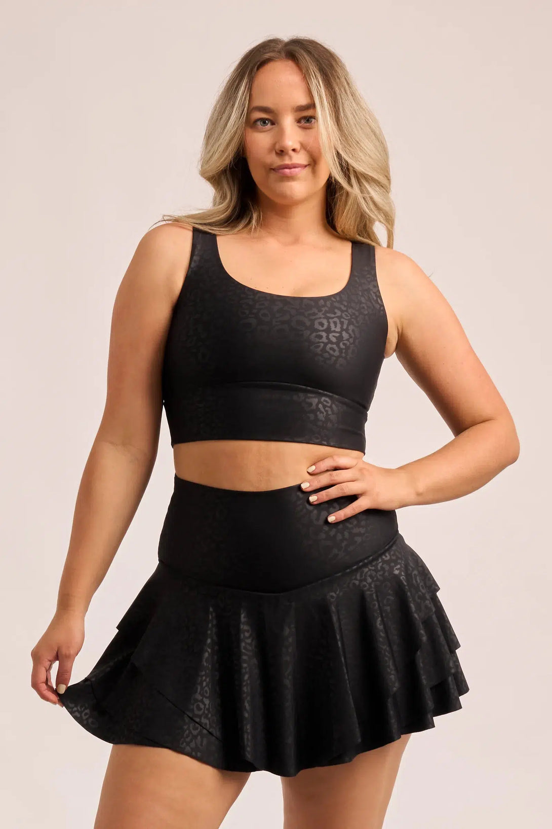 Performance High Waisted Ruffle Skort - Black Exotic Touch Jag-Activewear-Exoticathletica