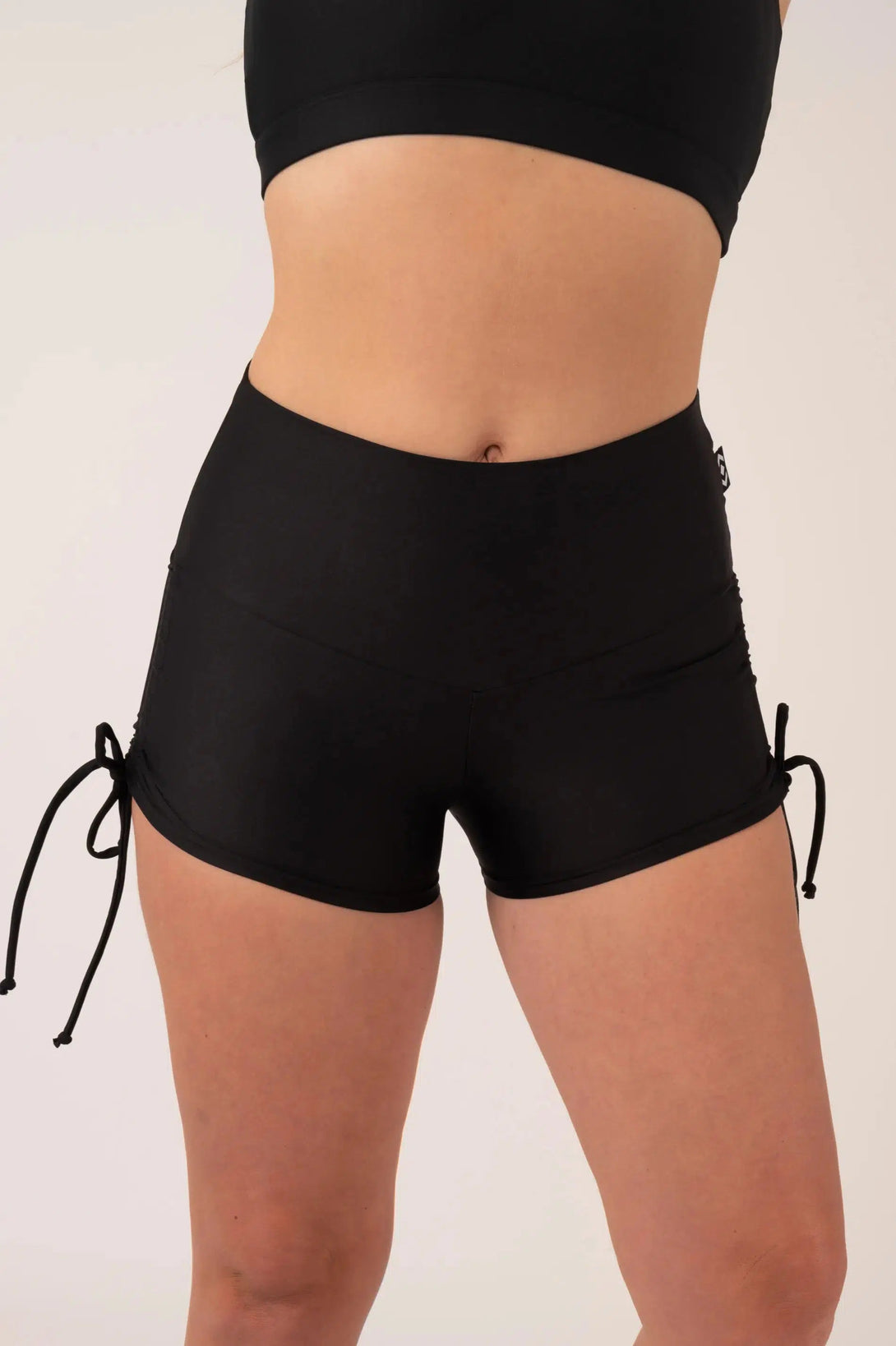 Performance High Waisted Tie Side Booty Shorts - Black-Activewear-Exoticathletica