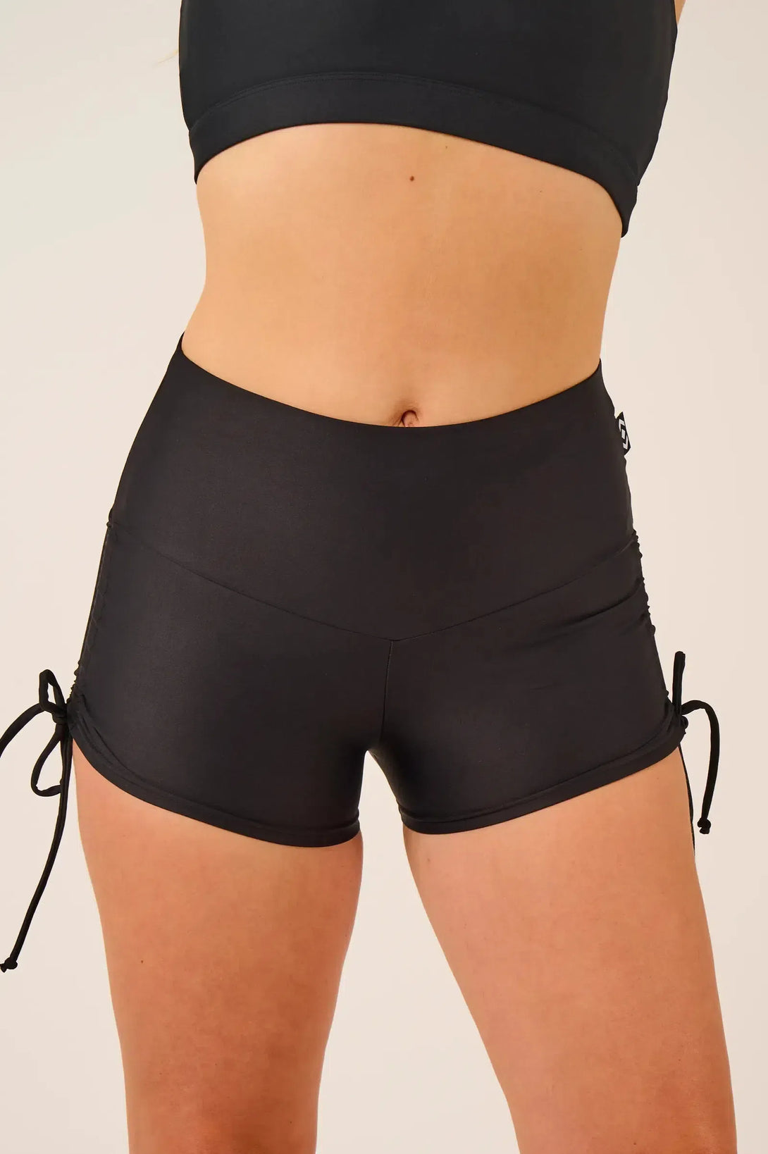 Performance High Waisted Tie Side Booty Shorts - Black-Activewear-Exoticathletica