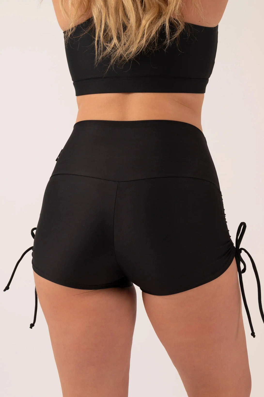 Performance High Waisted Tie Side Booty Shorts - Black-Activewear-Exoticathletica