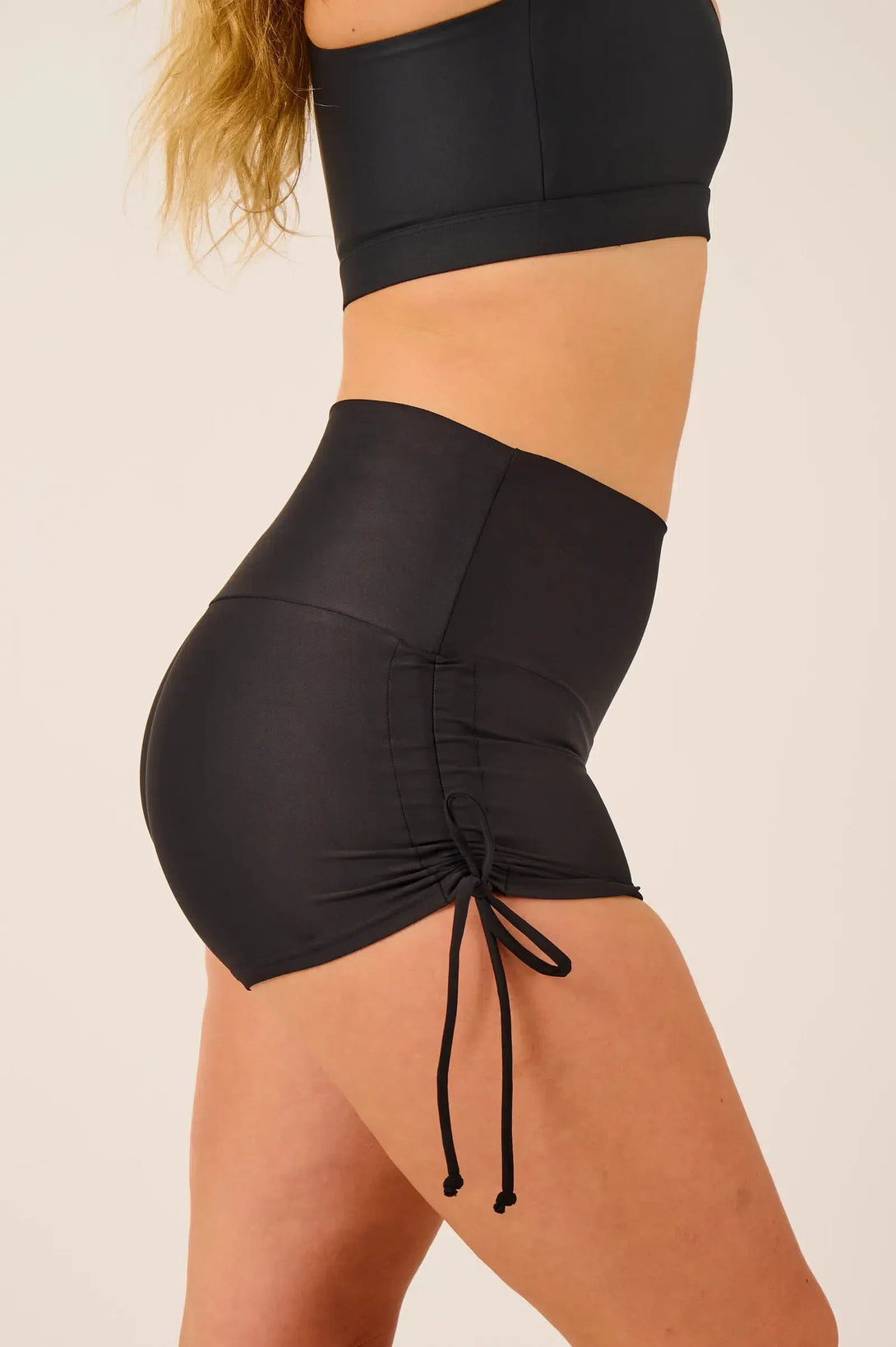 Performance High Waisted Tie Side Booty Shorts - Black-Activewear-Exoticathletica