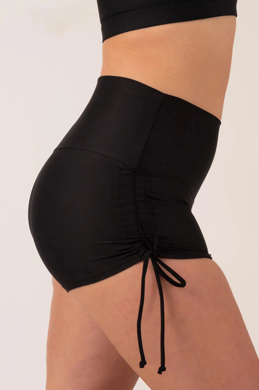 Performance High Waisted Tie Side Booty Shorts - Black-Activewear-Exoticathletica