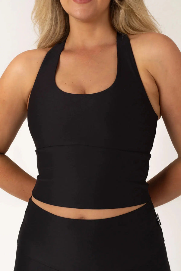 Performance Longline T Back Comfort Crop Top - Black-Activewear-Exoticathletica