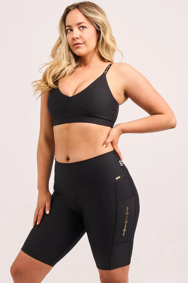 Performance Luxe Panel Pocket High Waisted Long Shorts - Black-9358328346869-Activewear-Exoticathletica