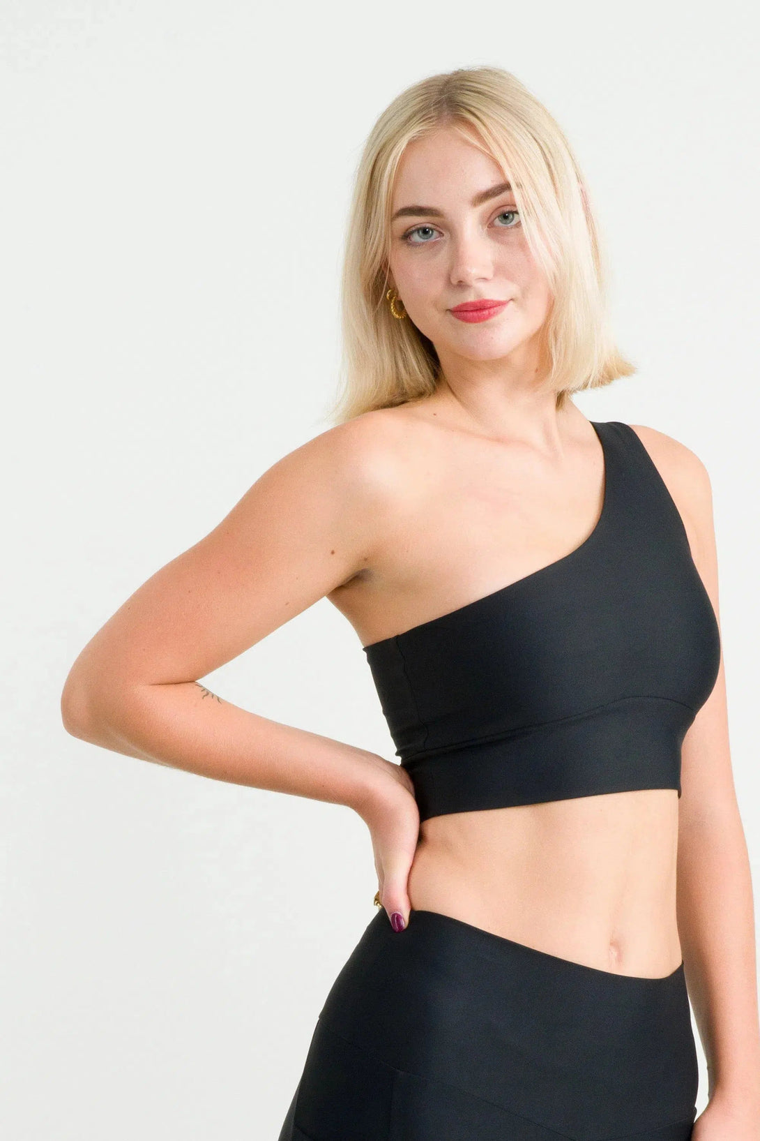 Performance One Shoulder Comfort Crop Top - Black-Activewear-Exoticathletica