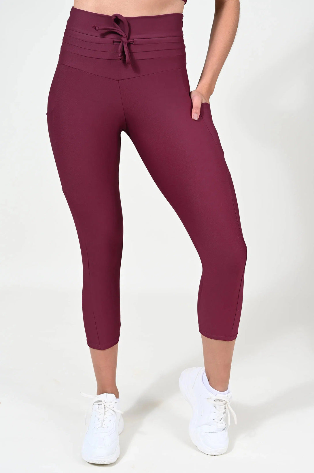 Performance Panel Pocket Drawstring Capri Legging - Berry-Activewear-Exoticathletica