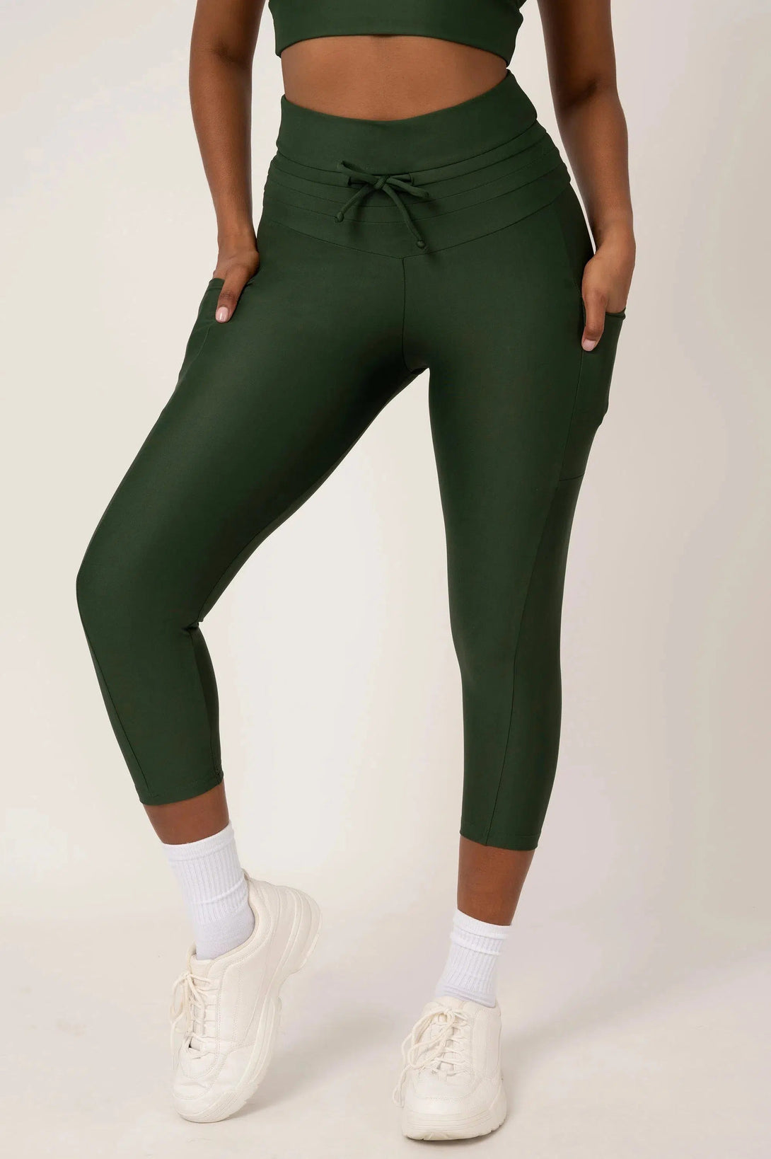 Performance Panel Pocket Drawstring Capri Legging - Dark Emerald-Activewear-Exoticathletica