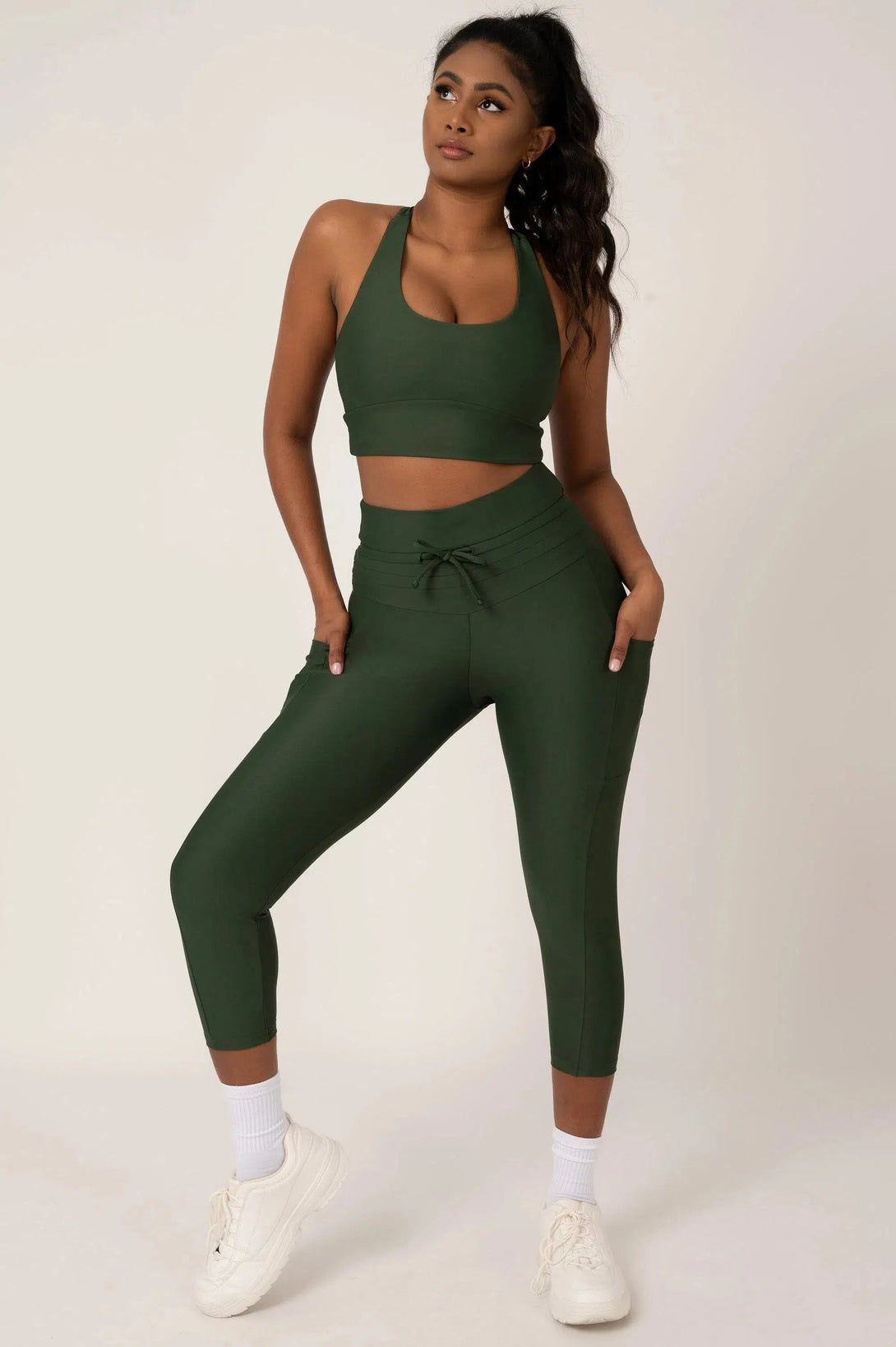 Performance Panel Pocket Drawstring Capri Legging - Dark Emerald-Activewear-Exoticathletica