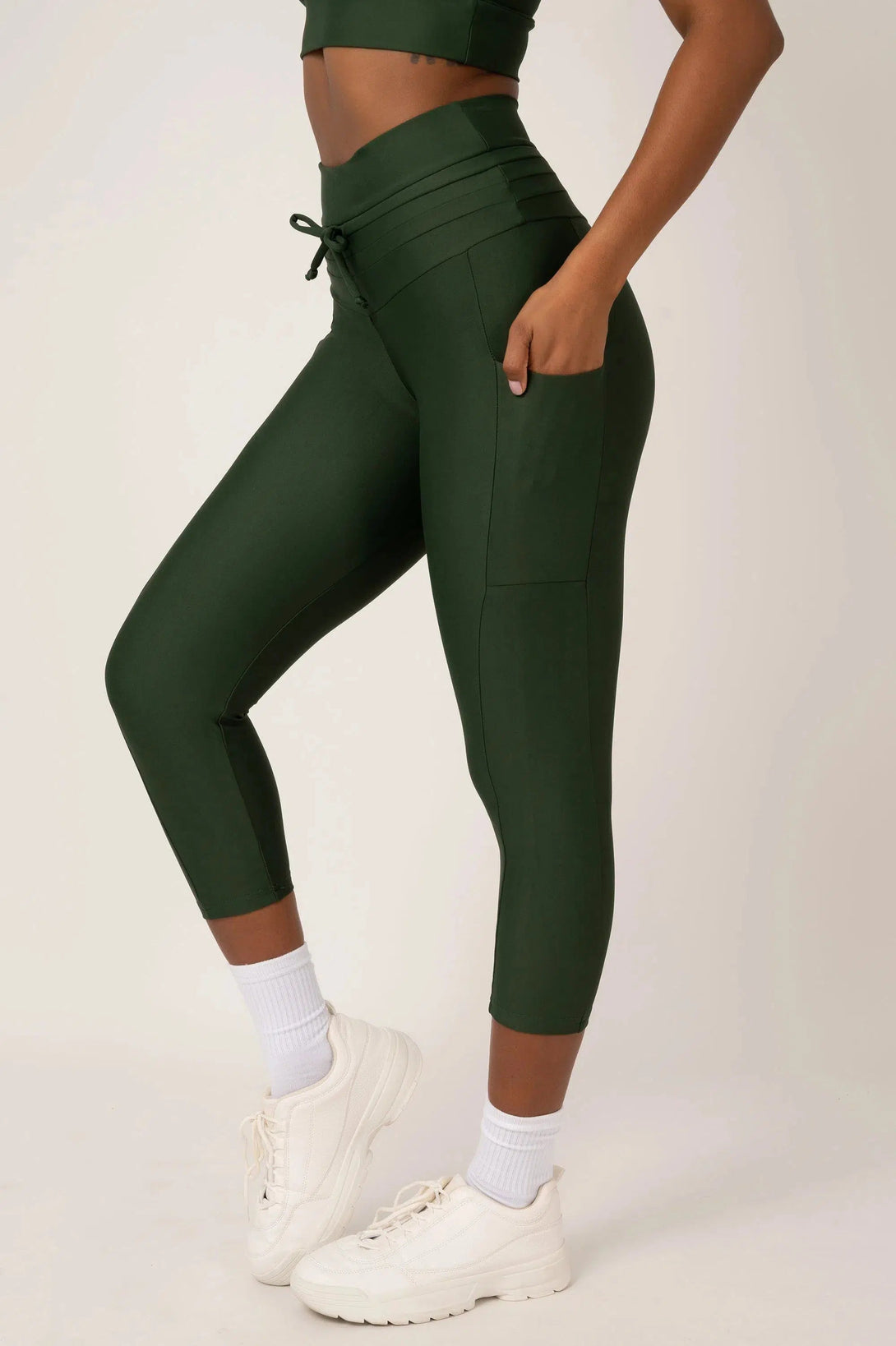 Performance Panel Pocket Drawstring Capri Legging - Dark Emerald-Activewear-Exoticathletica