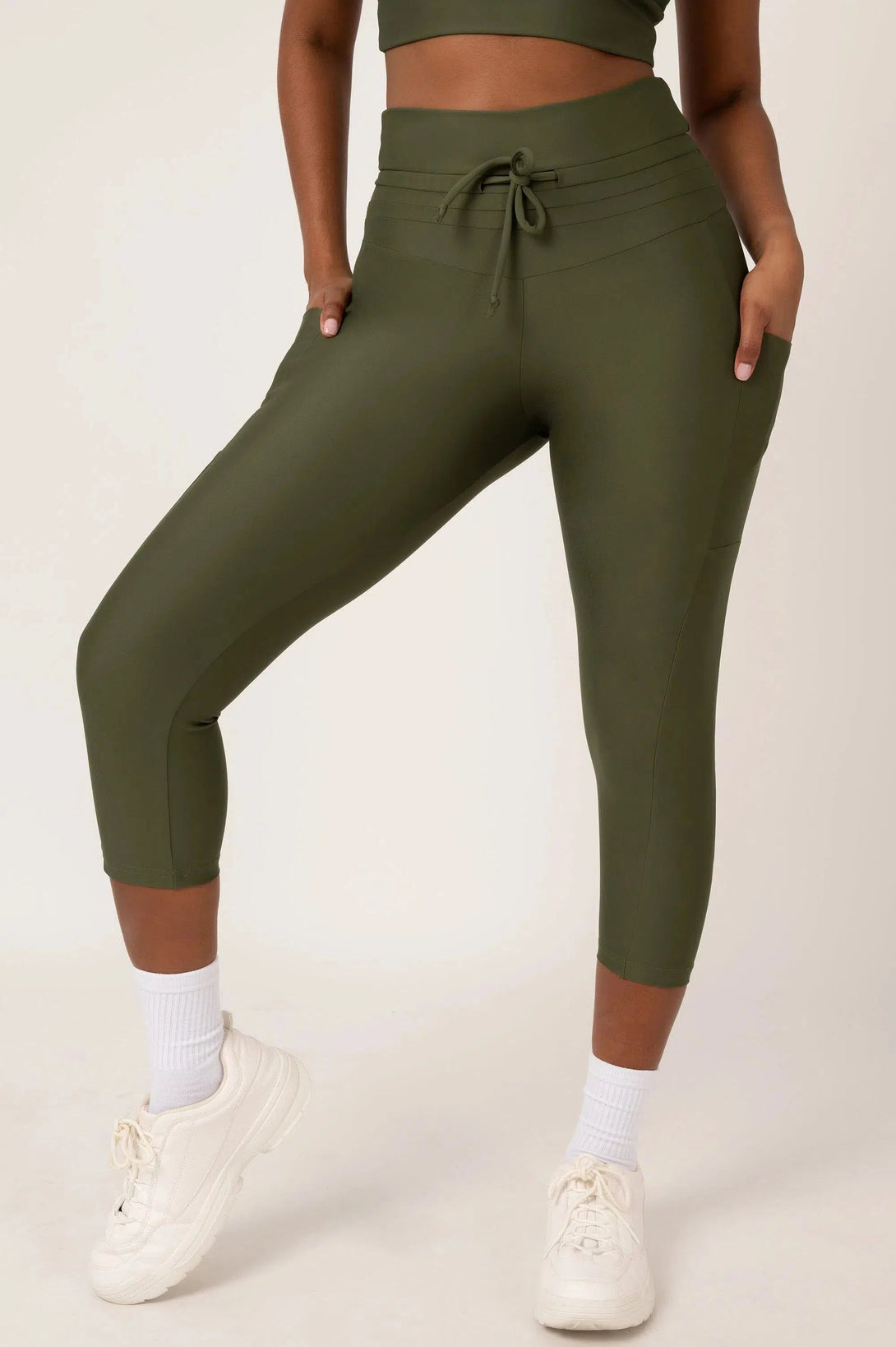 Performance Panel Pocket Drawstring Capri Legging - Dark Khaki-Activewear-Exoticathletica