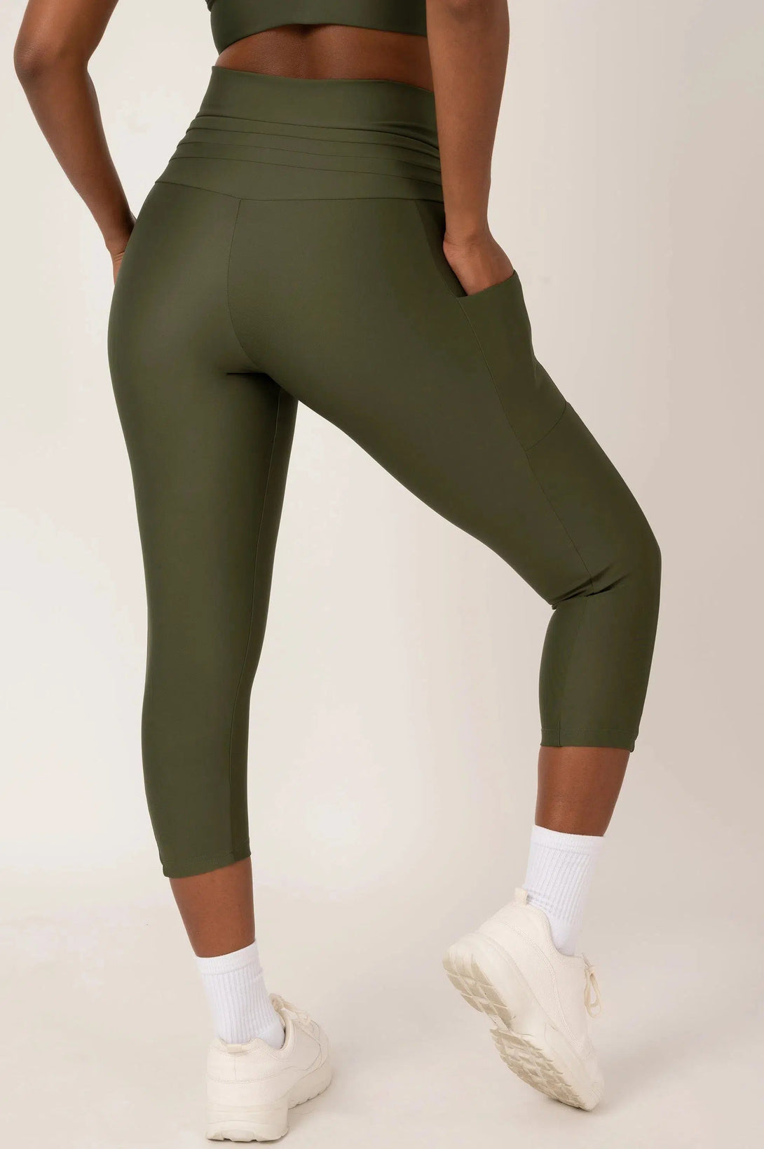 Performance Panel Pocket Drawstring Capri Legging - Dark Khaki-Activewear-Exoticathletica