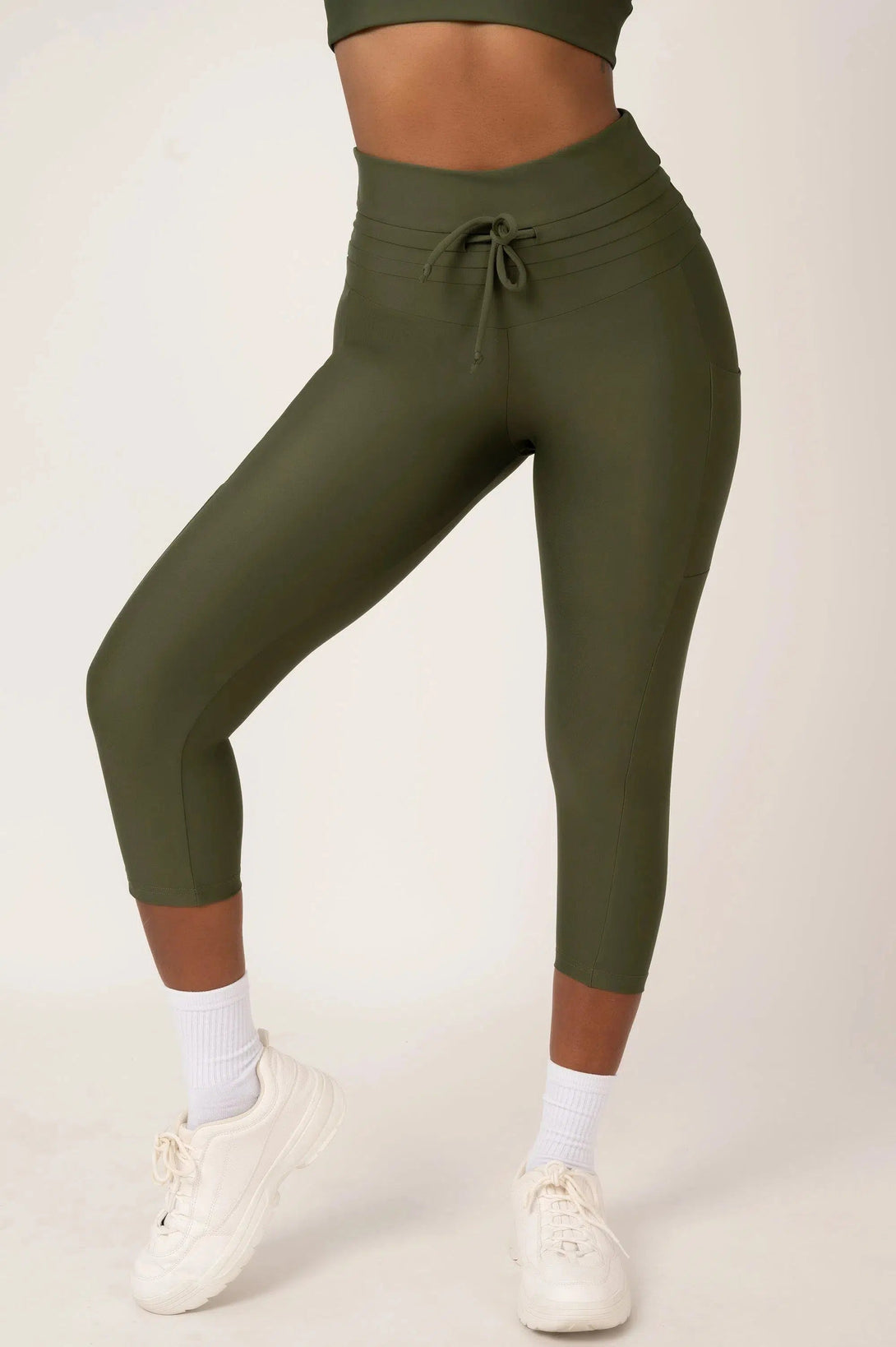 Performance Panel Pocket Drawstring Capri Legging - Dark Khaki-Activewear-Exoticathletica