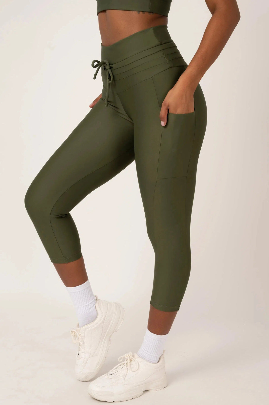 Performance Panel Pocket Drawstring Capri Legging - Dark Khaki-Activewear-Exoticathletica