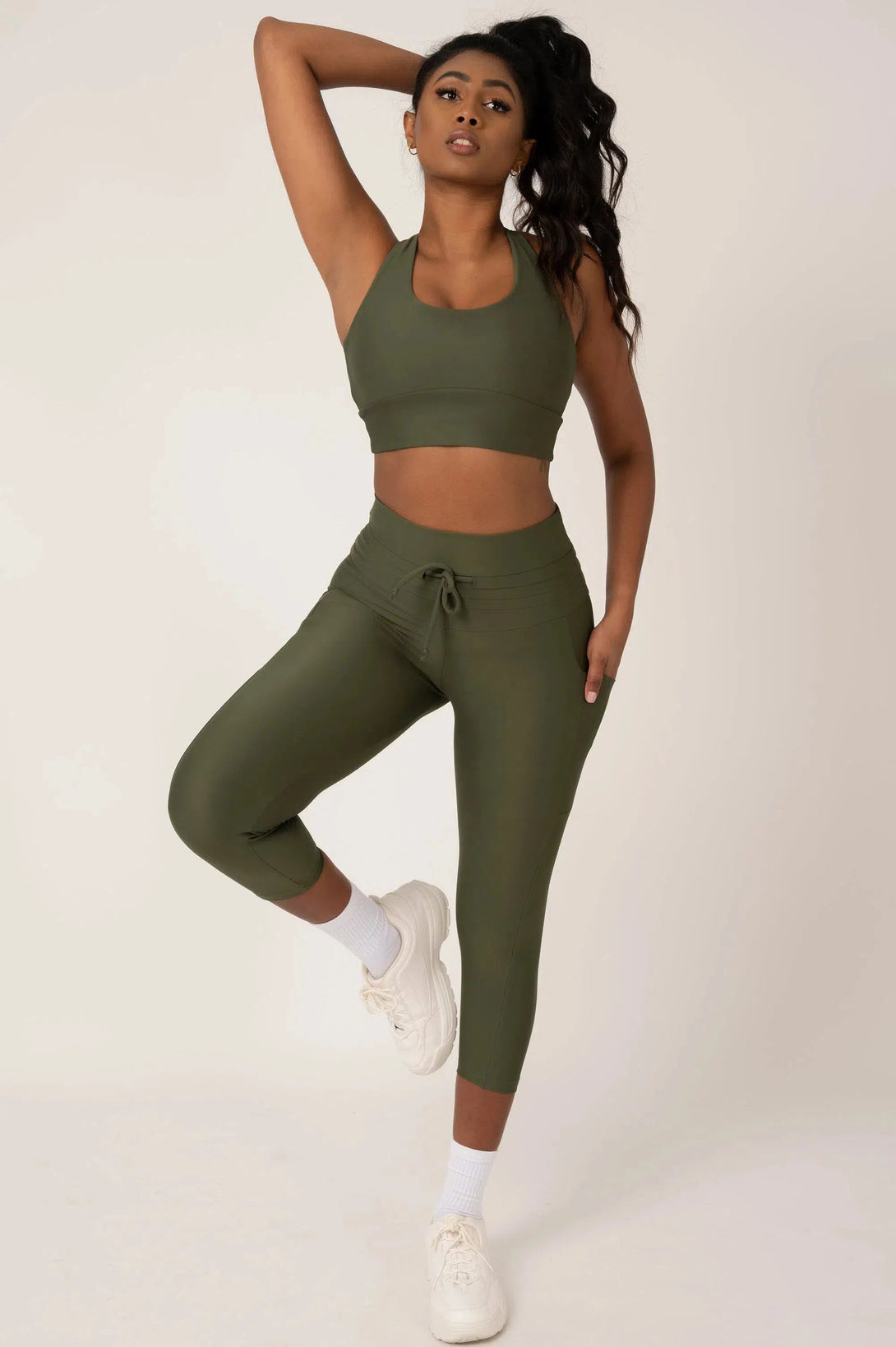 Performance Panel Pocket Drawstring Capri Legging - Dark Khaki-Activewear-Exoticathletica