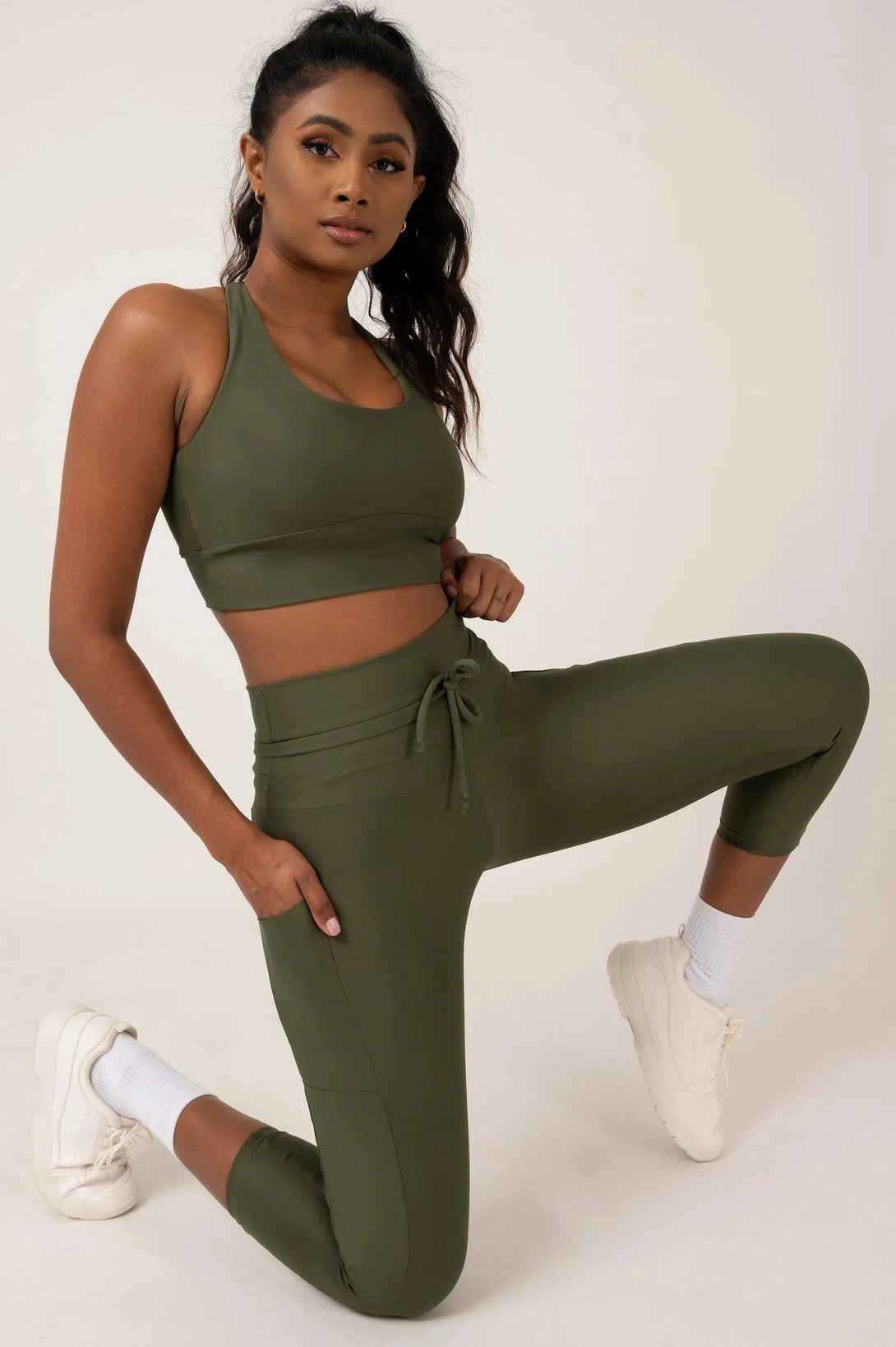 Performance Panel Pocket Drawstring Capri Legging - Dark Khaki-Activewear-Exoticathletica