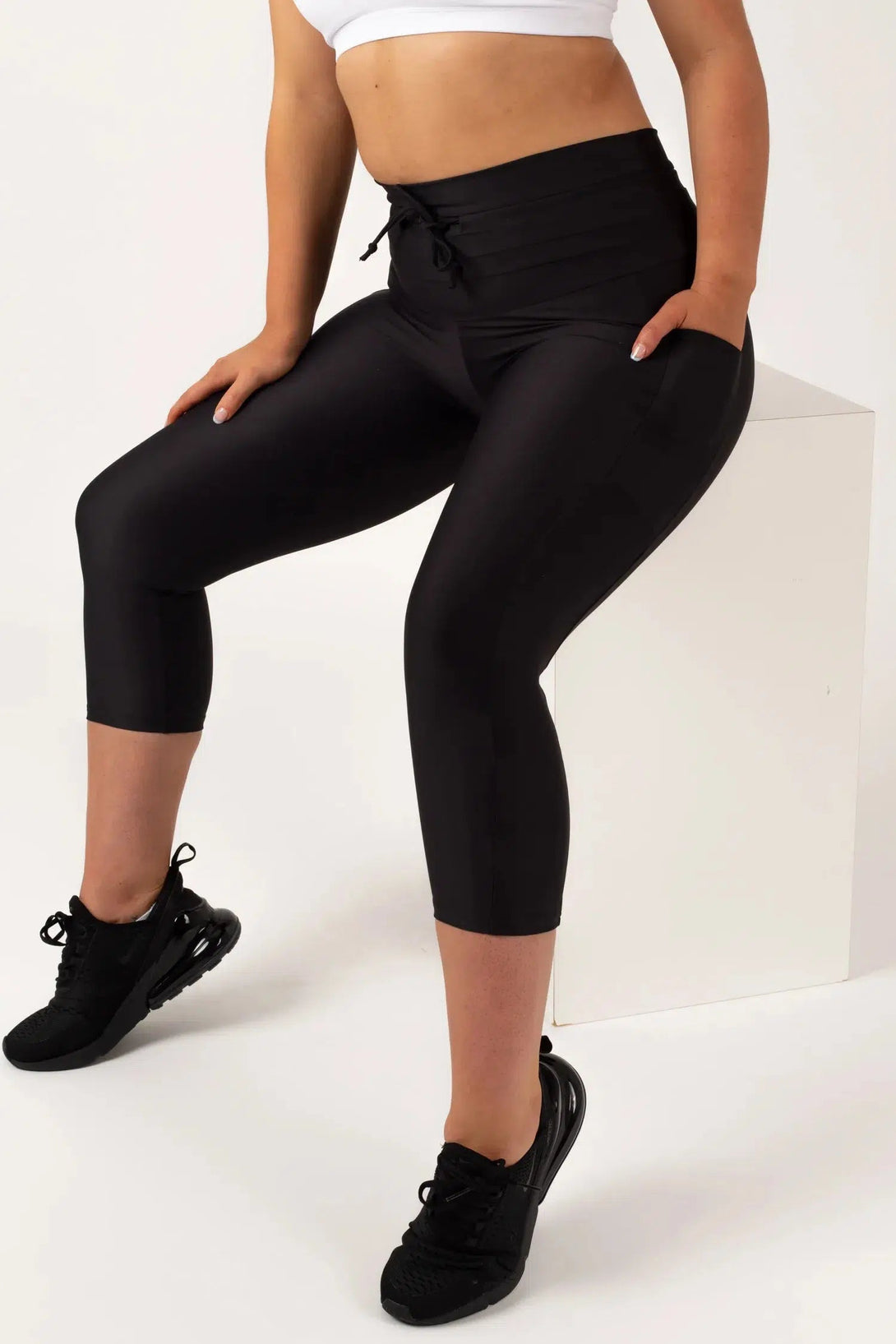 Performance Panel Pocket Drawstring Capri Leggings - Black-Activewear-Exoticathletica