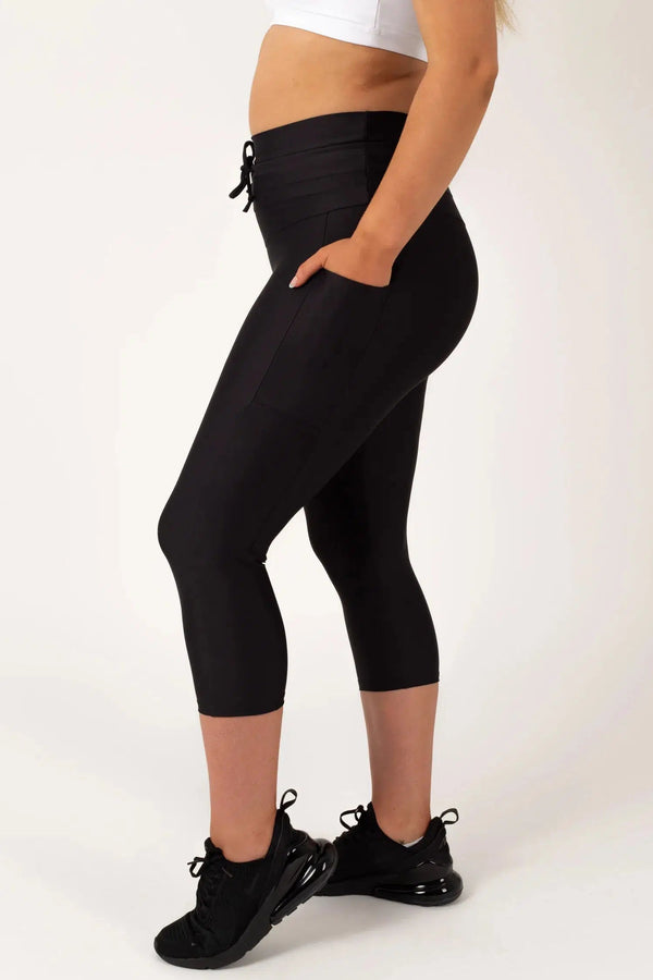 Performance Panel Pocket Drawstring Capri Leggings - Black-Activewear-Exoticathletica