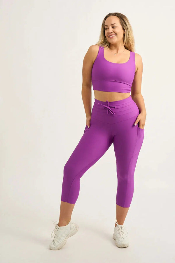 Performance Panel Pocket Drawstring Capri Leggings - Purple-Activewear-Exoticathletica