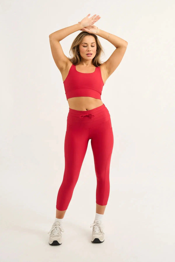 Performance Panel Pocket Drawstring Capri Leggings - Red-Activewear-Exoticathletica