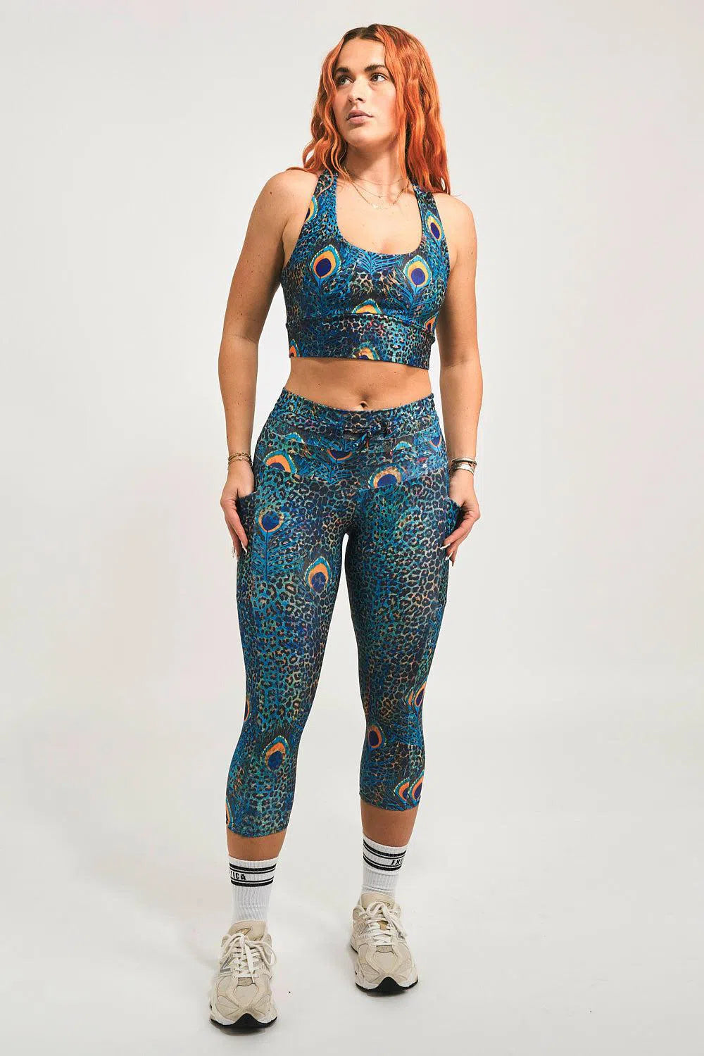 Performance Panel Pocket Drawstring Capri Leggings - Rock Around The Peacock-Activewear-Exoticathletica