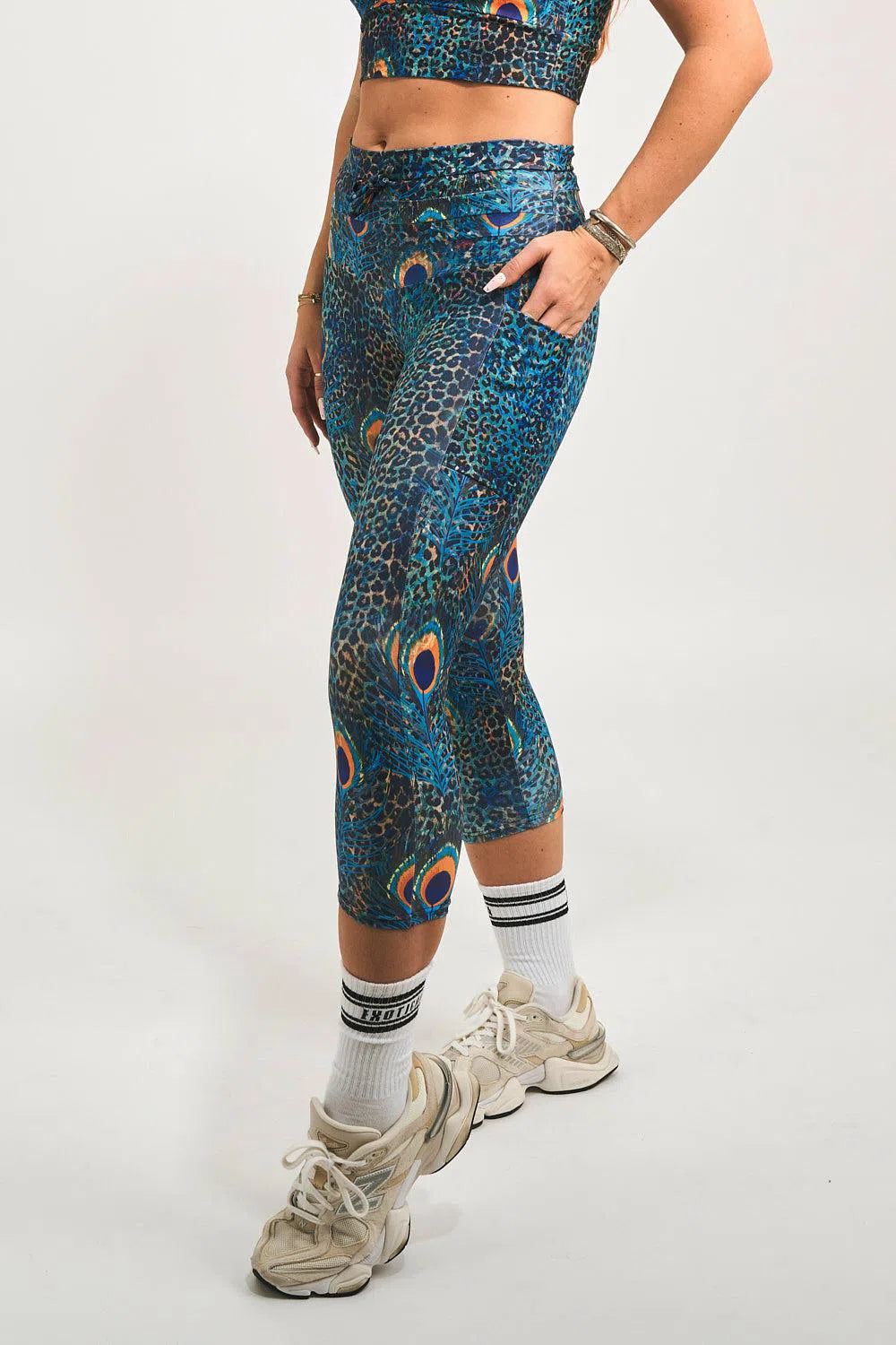 Performance Panel Pocket Drawstring Capri Leggings - Rock Around The Peacock-Activewear-Exoticathletica