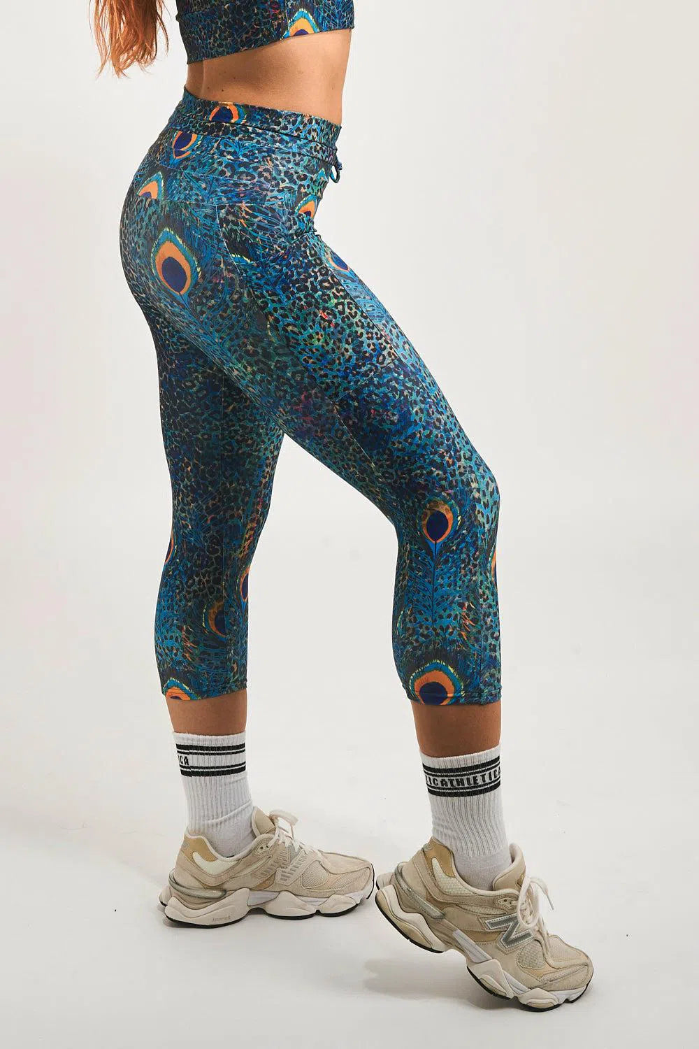 Performance Panel Pocket Drawstring Capri Leggings - Rock Around The Peacock-Activewear-Exoticathletica