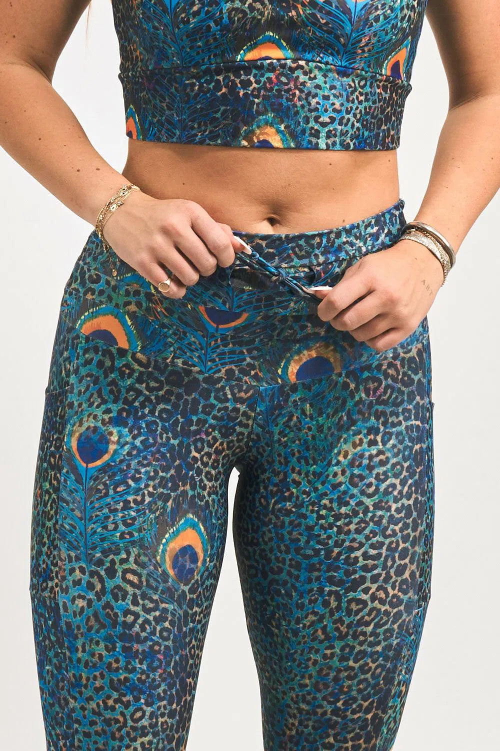 Performance Panel Pocket Drawstring Capri Leggings - Rock Around The Peacock-Activewear-Exoticathletica