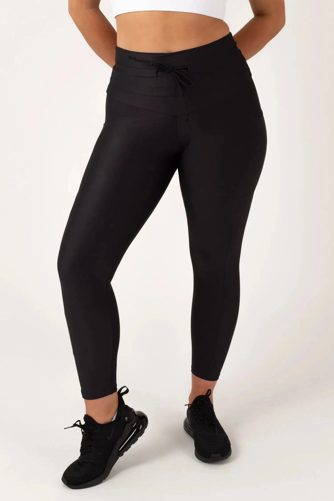 Performance Panel Pocket Drawstring High Waisted 7/8 Leggings - Black-9358328108870-Activewear-Exoticathletica