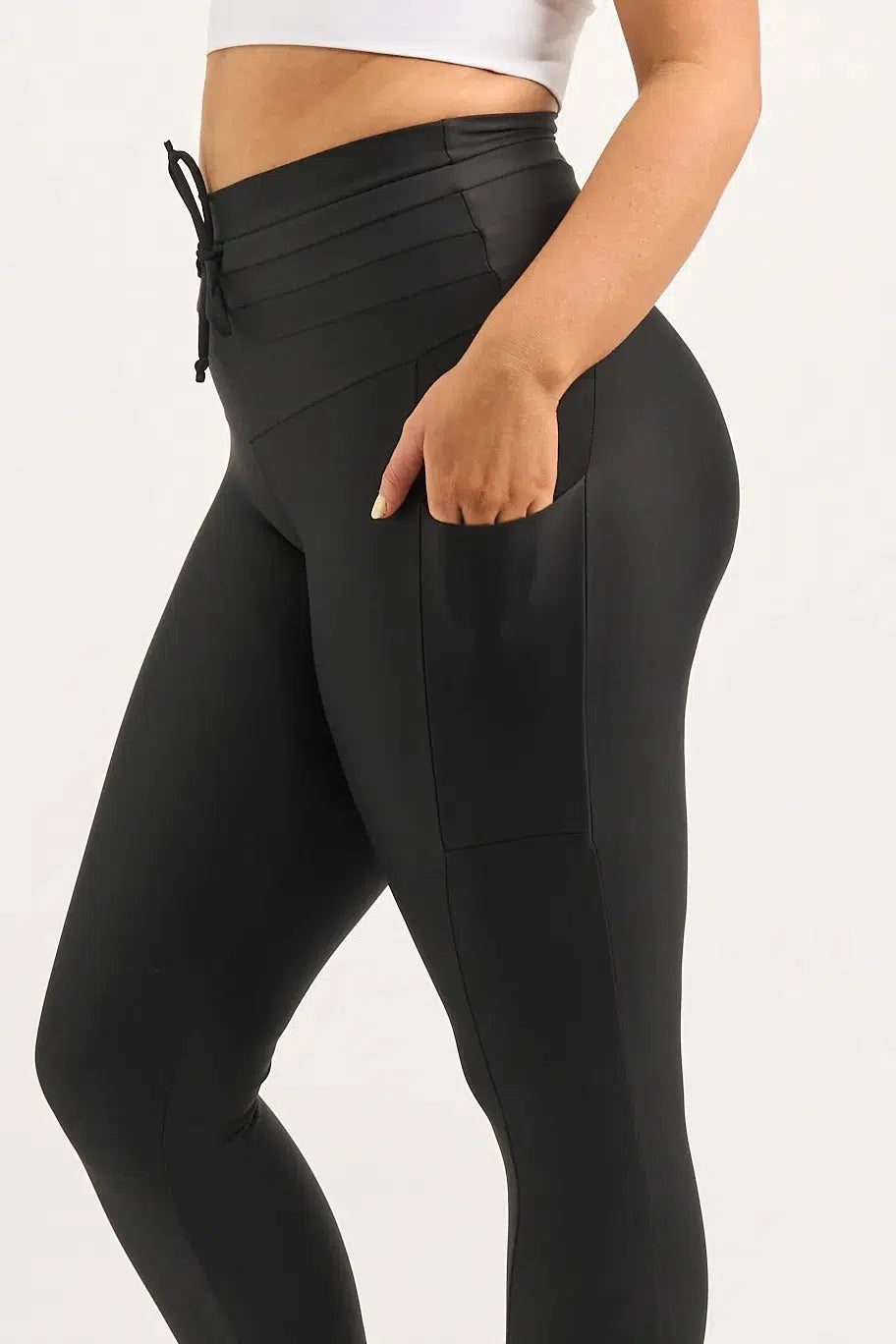 Performance Panel Pocket Drawstring High Waisted 7/8 Leggings - Black-Activewear-Exoticathletica